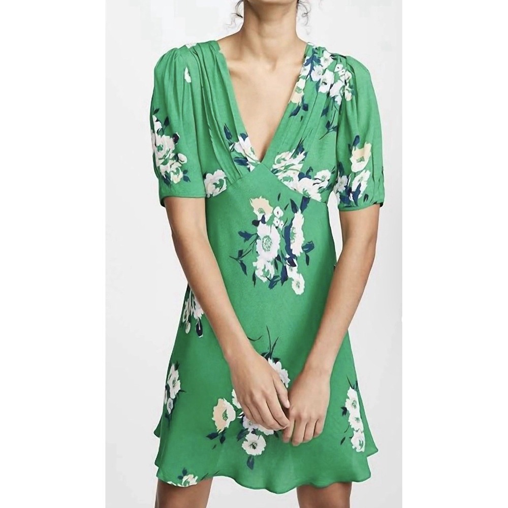 Free People Garden Day Neon Green Floral Mini Dress Retro Pinup V-Neck Size 0